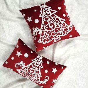 TWO VELVET Christmas pillows red & White trees SUCH BEAUTIFUL PILLOWS